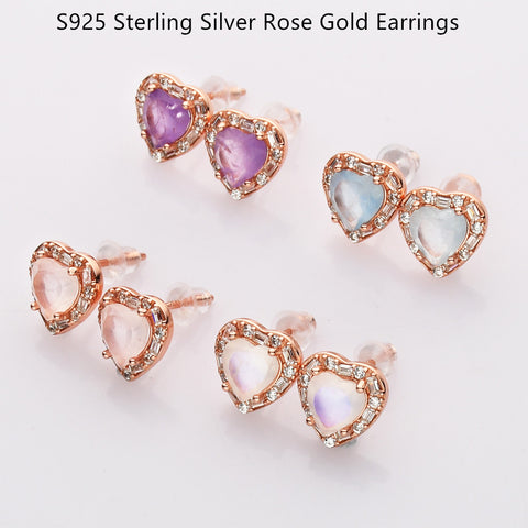 Rose Gold - S925 Sterling Silver CZ Heart Gemstone Stud Earrings, Healing Crystal Jewelry, Dainty Earrings SS213RR