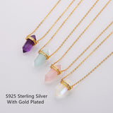 15" Gold Plated Amethyst Moonstone Hexagon Point Necklace CZ Micro Pave, S925 Sterling Silver Necklace, Crystal Gemstone Dainty Jewelry SS225NG