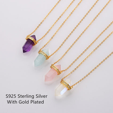 15" Gold Plated Amethyst Moonstone Hexagon Point Necklace CZ Micro Pave, S925 Sterling Silver Necklace, Crystal Gemstone Dainty Jewelry SS225NG