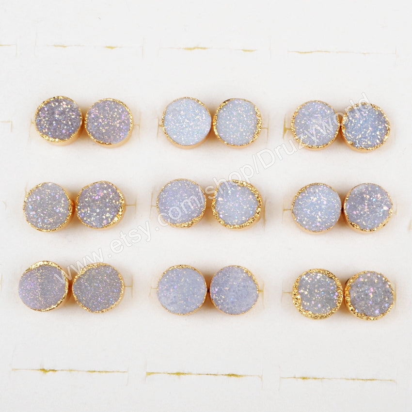 10mm Round Gold Plated Titanium AB White Druzy Stud Earrings, Natural Agate Drusy Earrings G0681