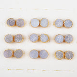 Round 10mm Natural Titanium AB White Druzy Geode Stud Earrings Gold Plated G0681