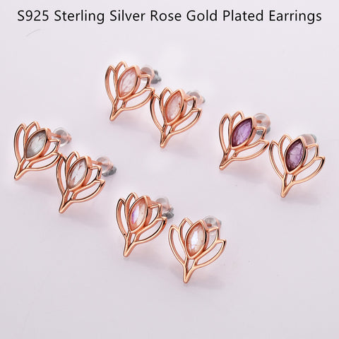 Rose Gold Marquise Moonstone Crystal Lotus Flower Stud Earrings S925 Sterling Silver Studs, Healing Jewelry Earrings SS219RR