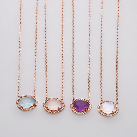 15" Rose Gold Plated Amethyst Moonstone Crystal Faceted Necklace CZ Micro Pave, 925 Sterling Silver Prong Jewelry For Women SS228NR