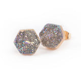 Gold Plated Hexagon Natural Agate Titanium Rainbow Druzy Stud Earrings G0907