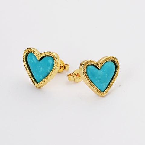 Gold Plated Bezel Heart Turquoise Gemstone Stud Earrings, Opal Black Agate Jewelry ZG0455