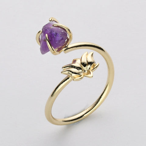 Gold Plated Lotus Raw Crystal Ring, Adjustable, Rainbow Gemtsone Ring, Birthstone Ring, Healing Jewelry ZG0488