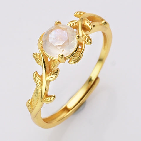 S925 Sterling Silver Round Natural Moonstone Faceted Ring, 18K Gold Leaf Ring, Adjustable, Healing Crystal Stone Jewelry SS240RG