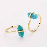 CZ Gold Plated Natural Gemstone Crystal Terminated Point Rings Faceted Turquoise Moonstone Larimar Rhodochrosite Labradorite Ring ZG0461