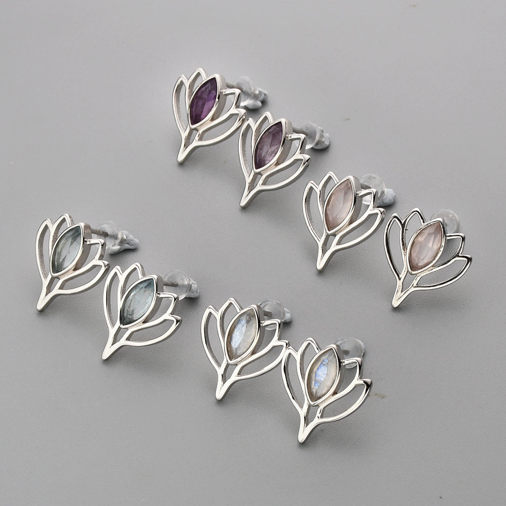 S925 Sterling Silver Marquise Amethyst Aquamarine Rose Quartz Moonstone Lotus Flower Stud Earrings, Healing Gemstone Jewelry SS220