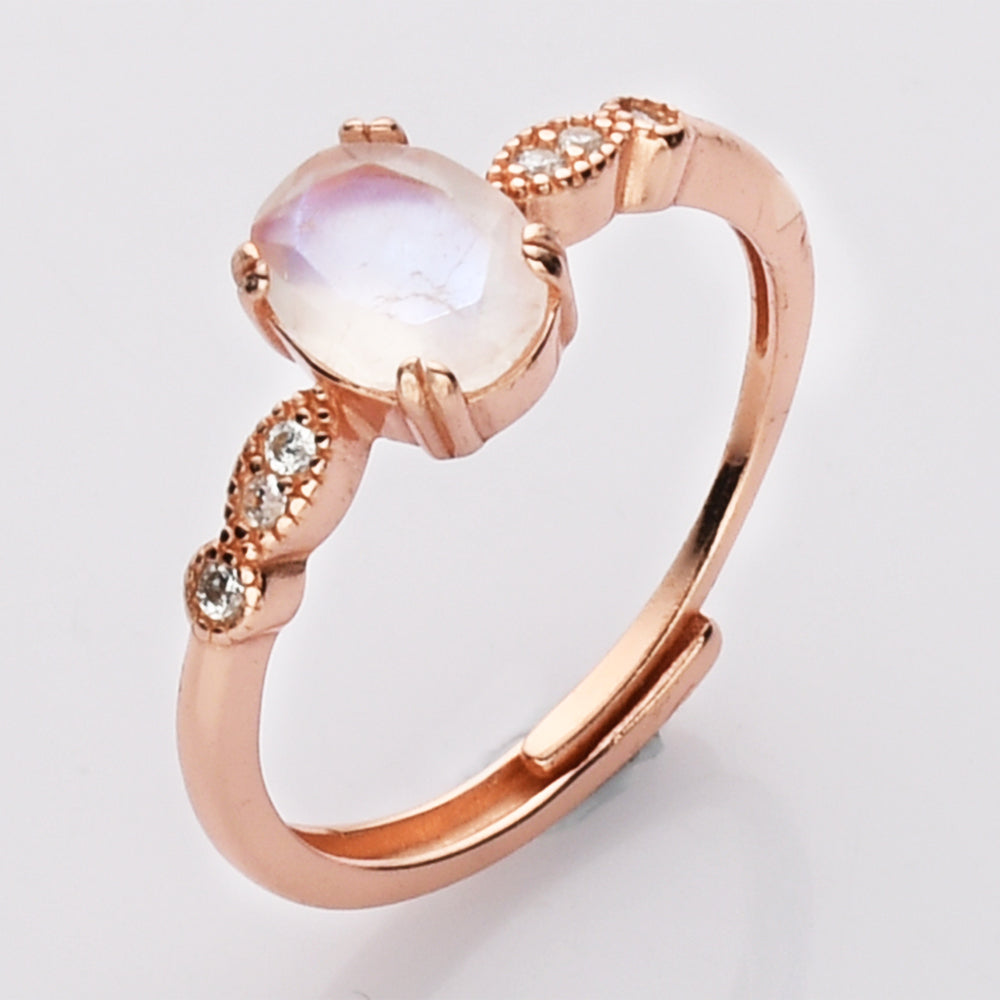 S925 Sterling Silver Rose Gold Oval Gemstone Ring, CZ Pave, Healing Crystal Amethyst Aquamarine Rose Quartz Moonstone Birthstone Ring, Dainty Jewelry SS209