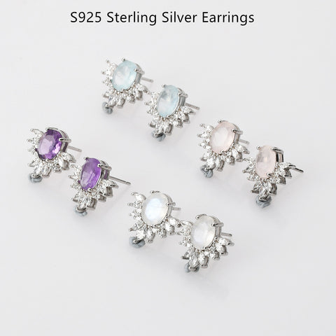 S925 Sterling Silver Moonstone Stud Earrings Zircon Studs, Healing Crystal Jewelry Earrings SS222ES