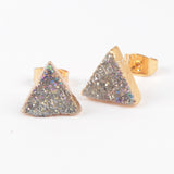 Gold Plated Triangle 10mm Natural Agate Titanium Rainbow Druzy Stud Earrings G0915