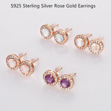 Rose Gold - S925 Sterling Silver CZ Round Gemstone Stud Earrings, Healing Crystal Jewelry, Dainty Earrings SS216ER