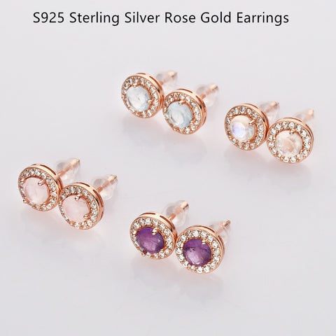 Rose Gold - S925 Sterling Silver CZ Round Gemstone Stud Earrings, Healing Crystal Jewelry, Dainty Earrings SS216ER