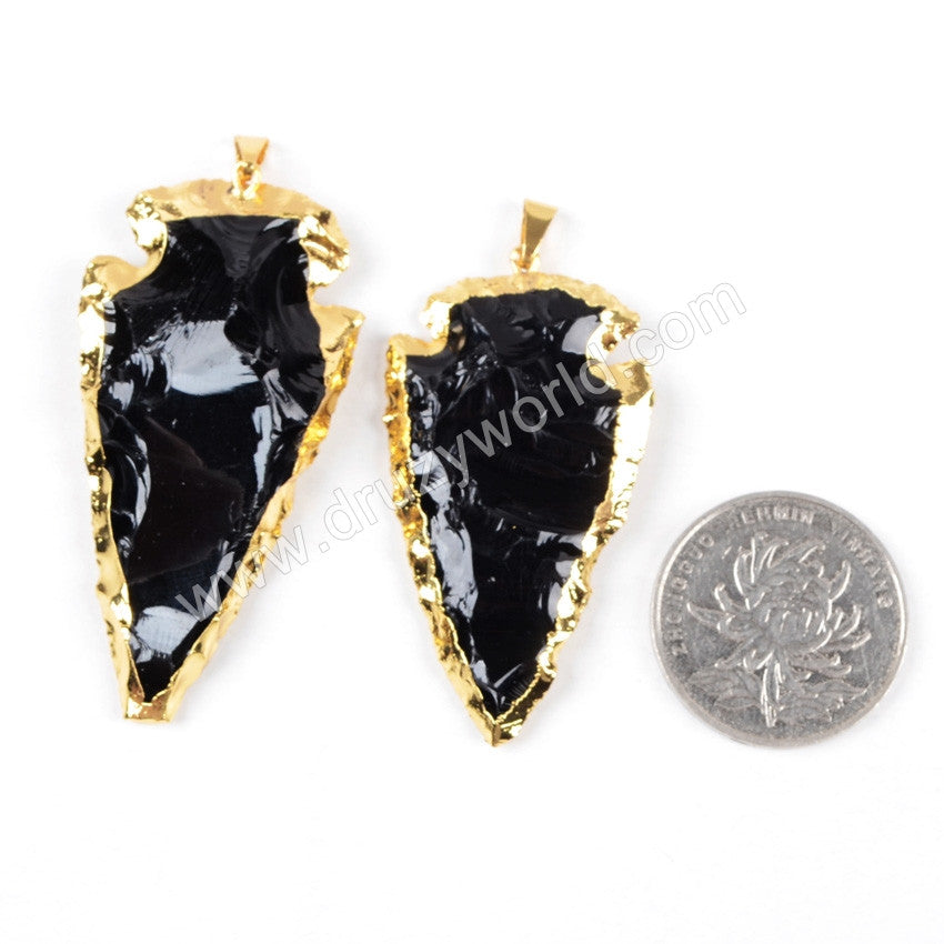 Small Gold Plated Rough Black Obsidian Arrowhead Pendant G0503
