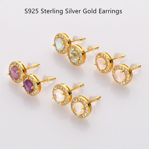 S925 Sterling Silver Gold Round Gemstone Crystal CZ Micro Pave Stud Earrings, Dainty Jewelry SS216EG