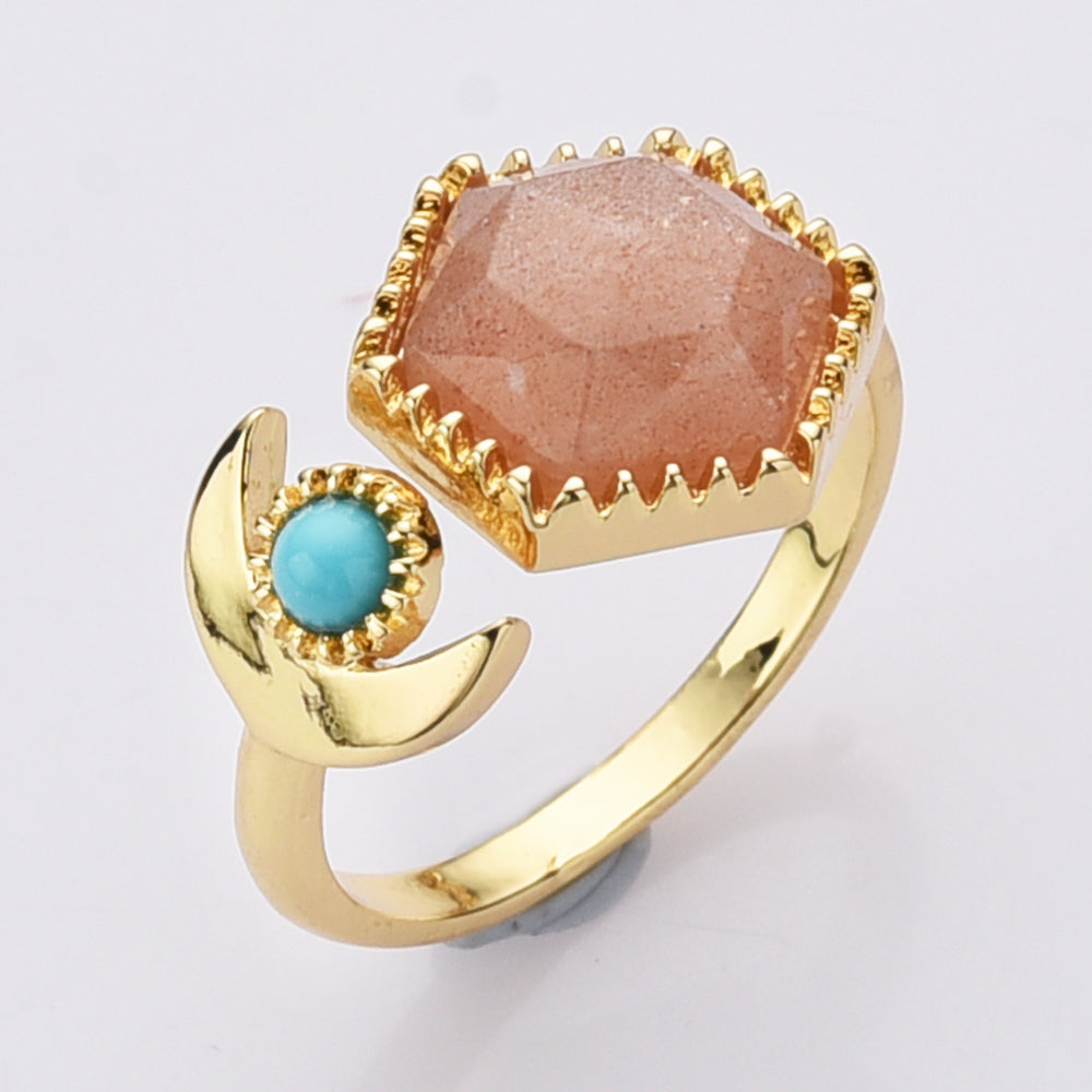 Hexagon Sunstone Ring, Gold Plated Brass Gemstone Faceted Ring, Adjustable Open Ring, Natural Crystal Jewelry WX2195