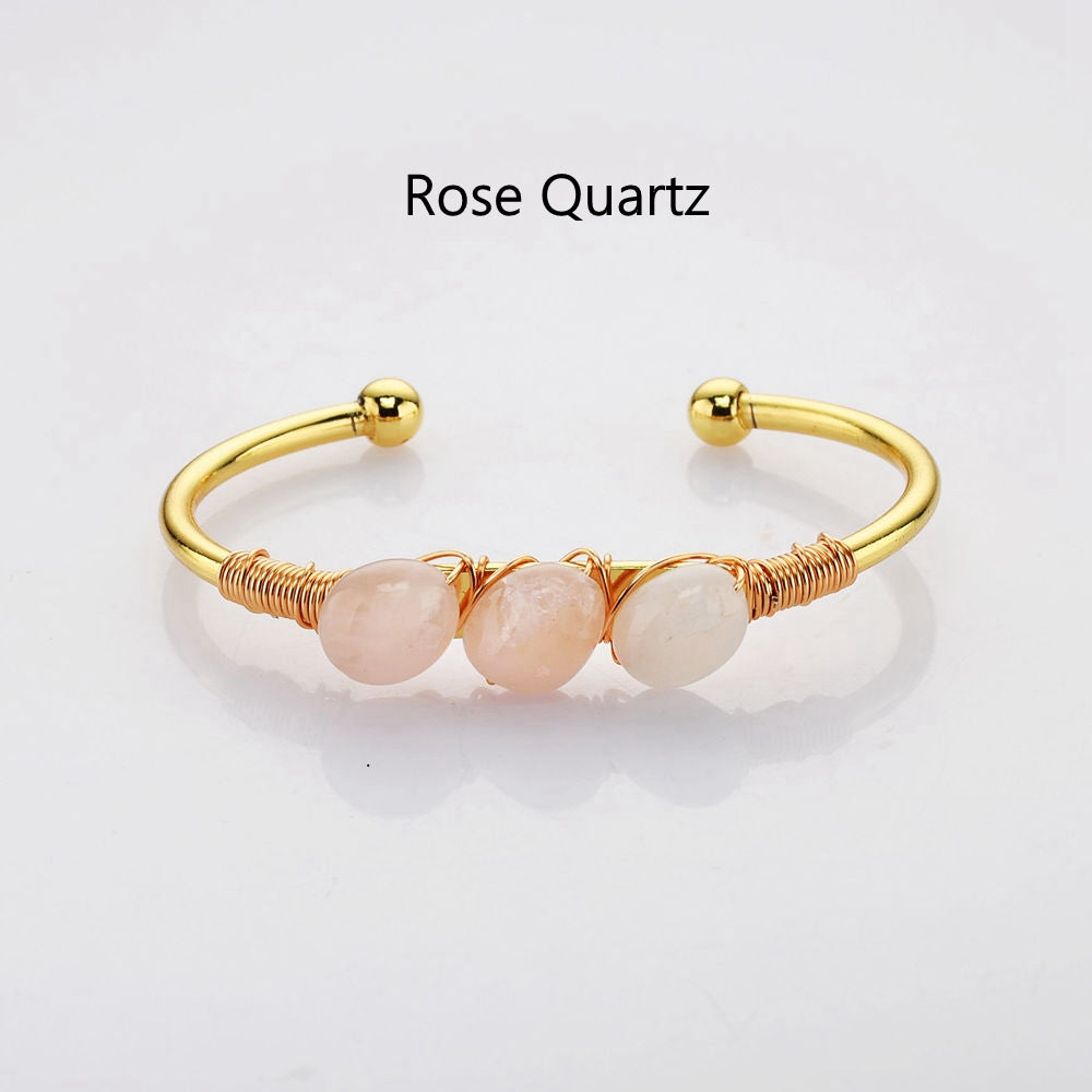 rose quartz bracelet Gold Plated Brass Wire Wrap Gemstone Bangle Bracelet Healing Crystal Stone Bracelet Handmade Boho Jewelry WX2075