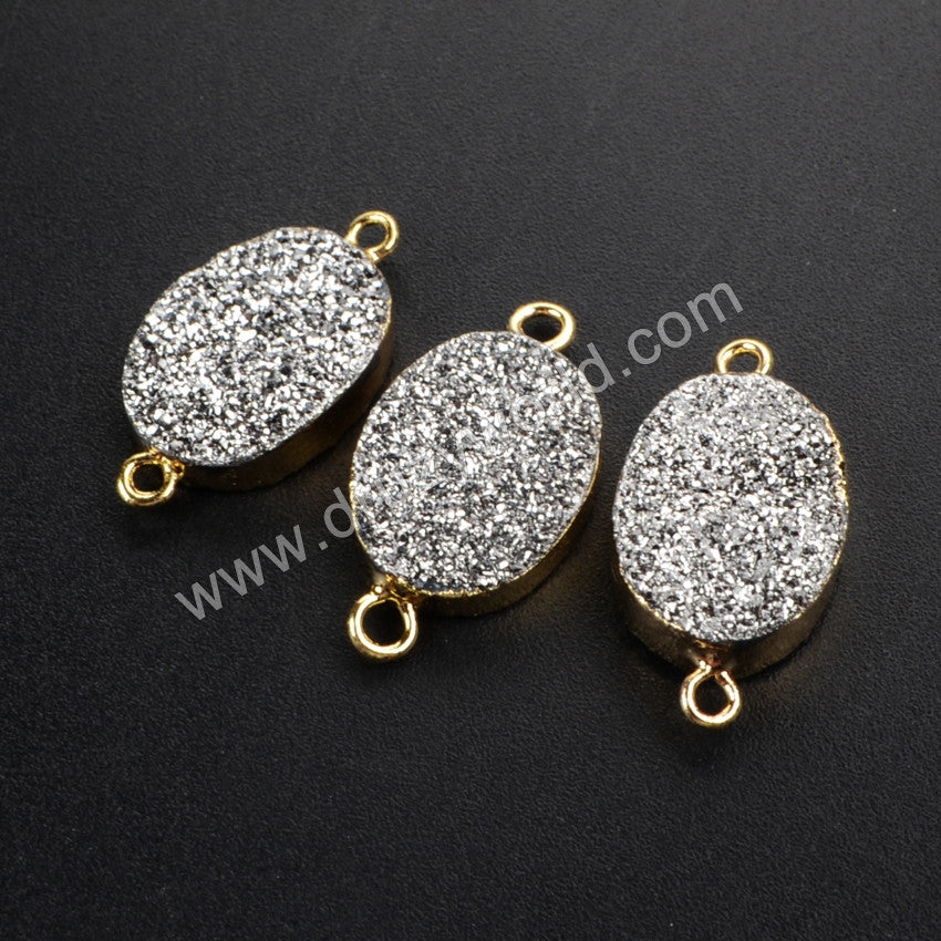 Gold Plated Oval Natural Agate Titanium Rainbow Druzy Connector G1073