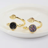 Gold Plated Leaf Natural Agate Titanium Druzy Adjustable Fashion Ring ZG0437