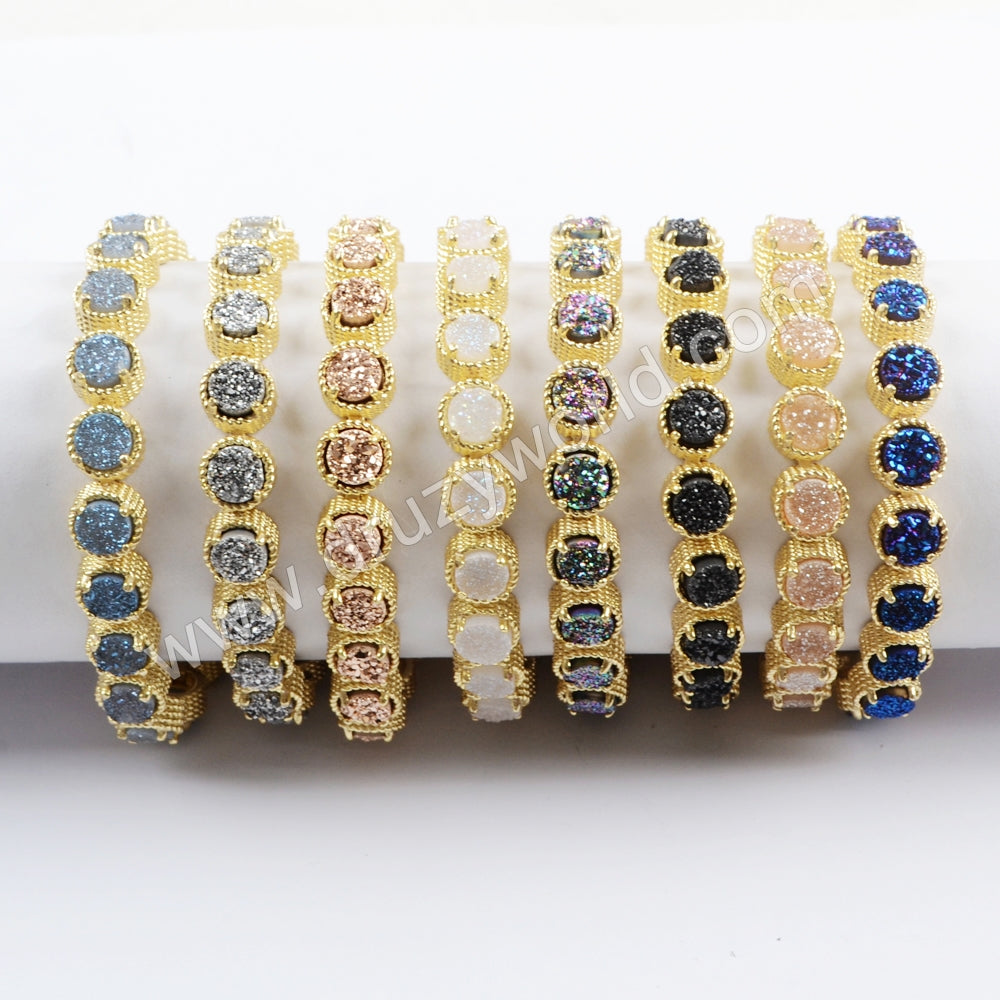 Gold Plated Multi Titanium AB White Druzy Bracelet, Natural Drusy Crystal Tennis Bracelet ZG0353