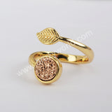 Gold Plated Leaf Natural Agate Titanium Druzy Adjustable Fashion Ring ZG0437