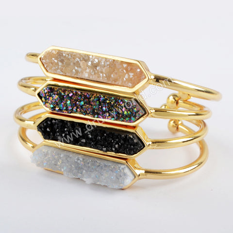 Gold Plated Bezel Titanium Rainbow Hexagon Druzy Bangle Bracelet ZG0317