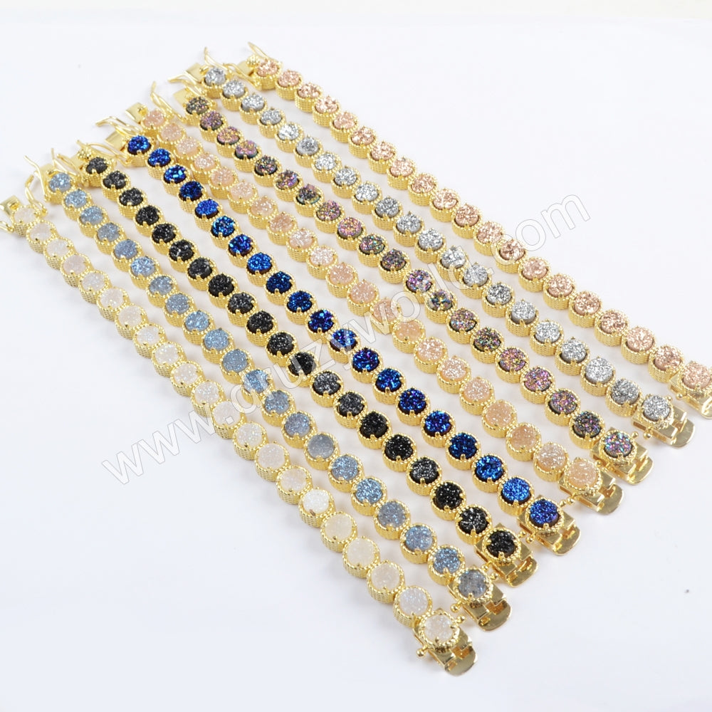 Gold Plated Multi Titanium AB White Druzy Bracelet, Natural Drusy Crystal Tennis Bracelet ZG0353