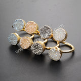 Round Double Titanium AB Druzy Ring Gold Plated, Adjustable, Crystal Jewelry Ring G1155