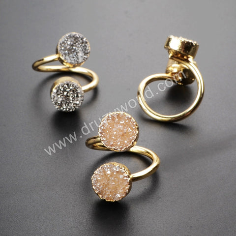 Round Double Titanium AB Druzy Ring Gold Plated, Adjustable, Crystal Jewelry Ring G1155