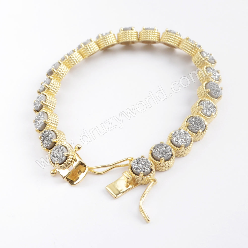 Gold Plated Multi Titanium AB White Druzy Bracelet, Natural Drusy Crystal Tennis Bracelet ZG0353