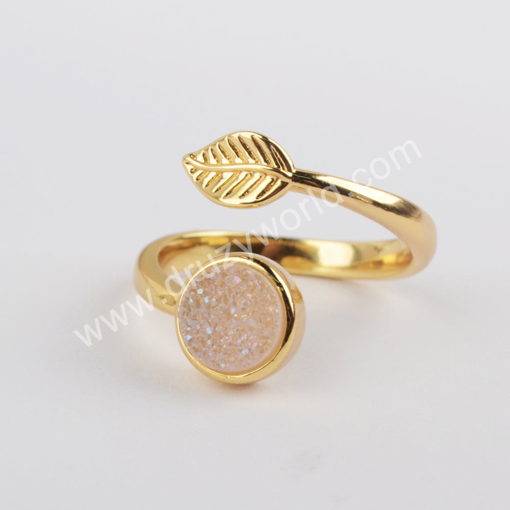 Gold Plated Leaf Natural Agate Titanium Druzy Adjustable Fashion Ring ZG0437