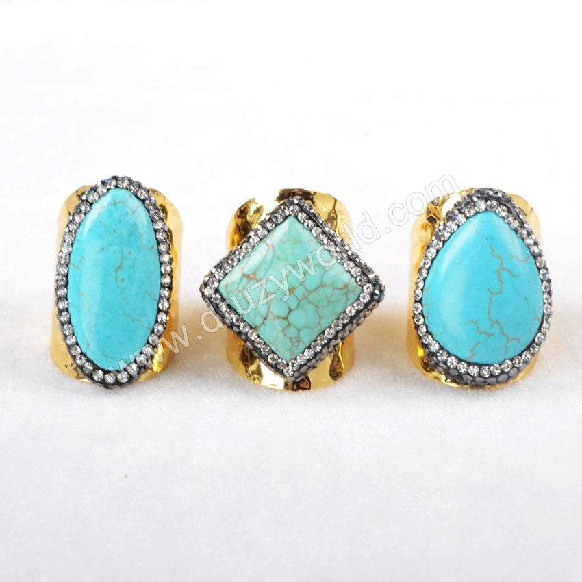 Different Shape Gold Plated Blue Howlite Turquoise Gemstone Band Ring JAB471
