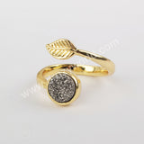 Gold Plated Leaf Natural Agate Titanium Druzy Adjustable Fashion Ring ZG0437