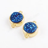 9mm Round Natural Agate Titanium Rainbow Druzy Connector Gold Plated ZG0359