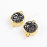 9mm Round Natural Agate Titanium Rainbow Druzy Connector Gold Plated ZG0359