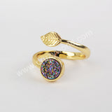 Gold Plated Leaf Natural Agate Titanium Druzy Adjustable Fashion Ring ZG0437