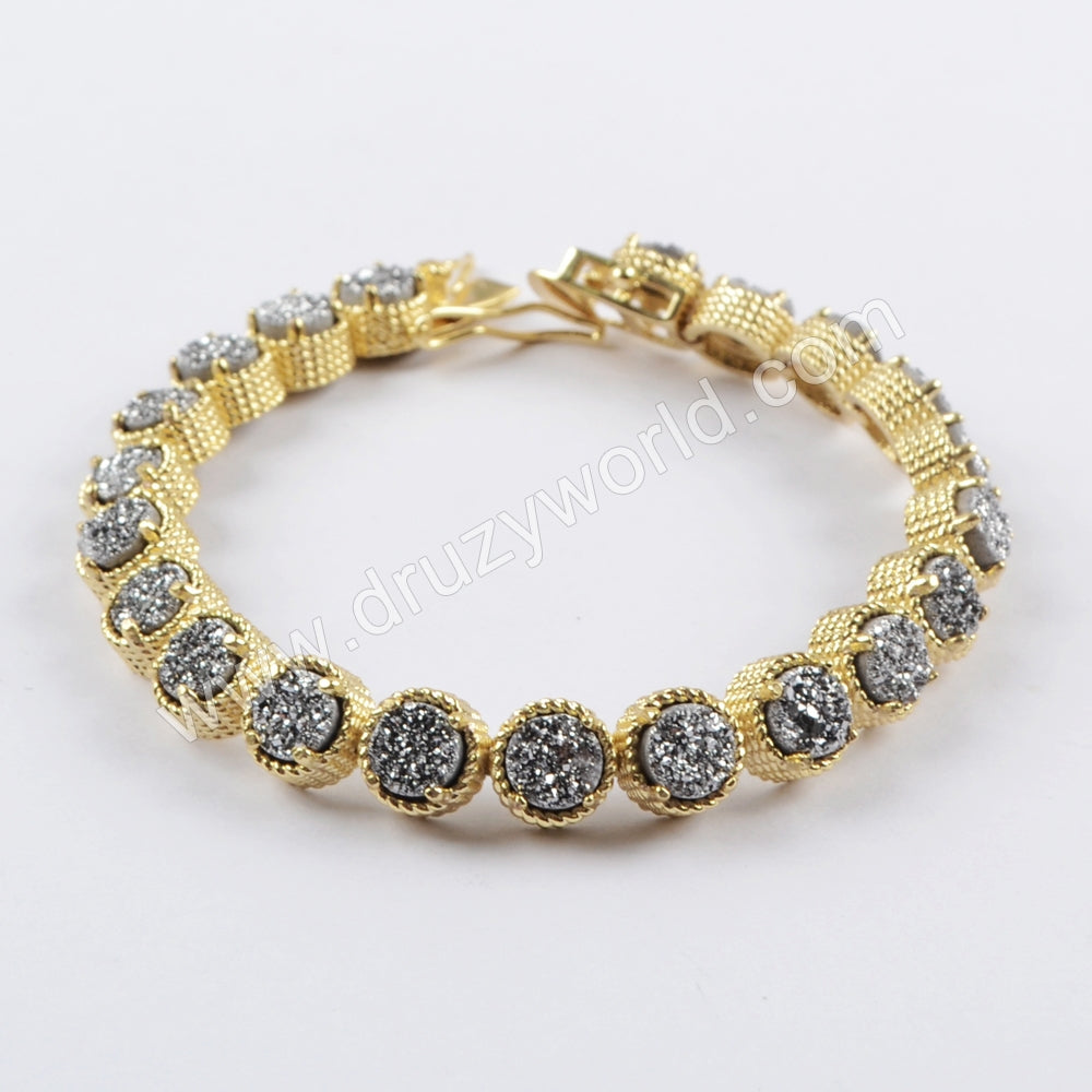 Gold Plated Multi Titanium AB White Druzy Bracelet, Natural Drusy Crystal Tennis Bracelet ZG0353