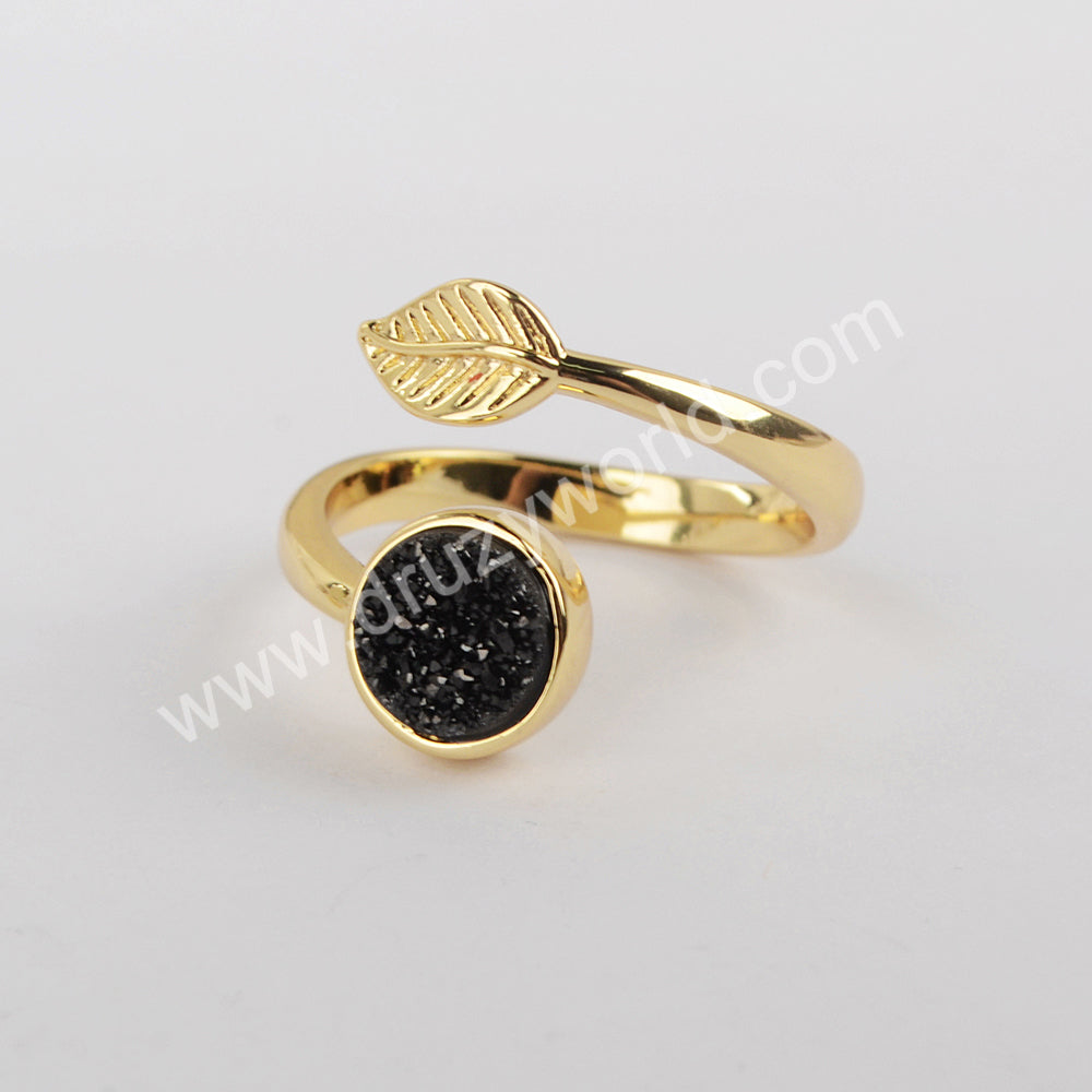 Gold Plated Leaf Natural Agate Titanium Druzy Adjustable Fashion Ring ZG0437