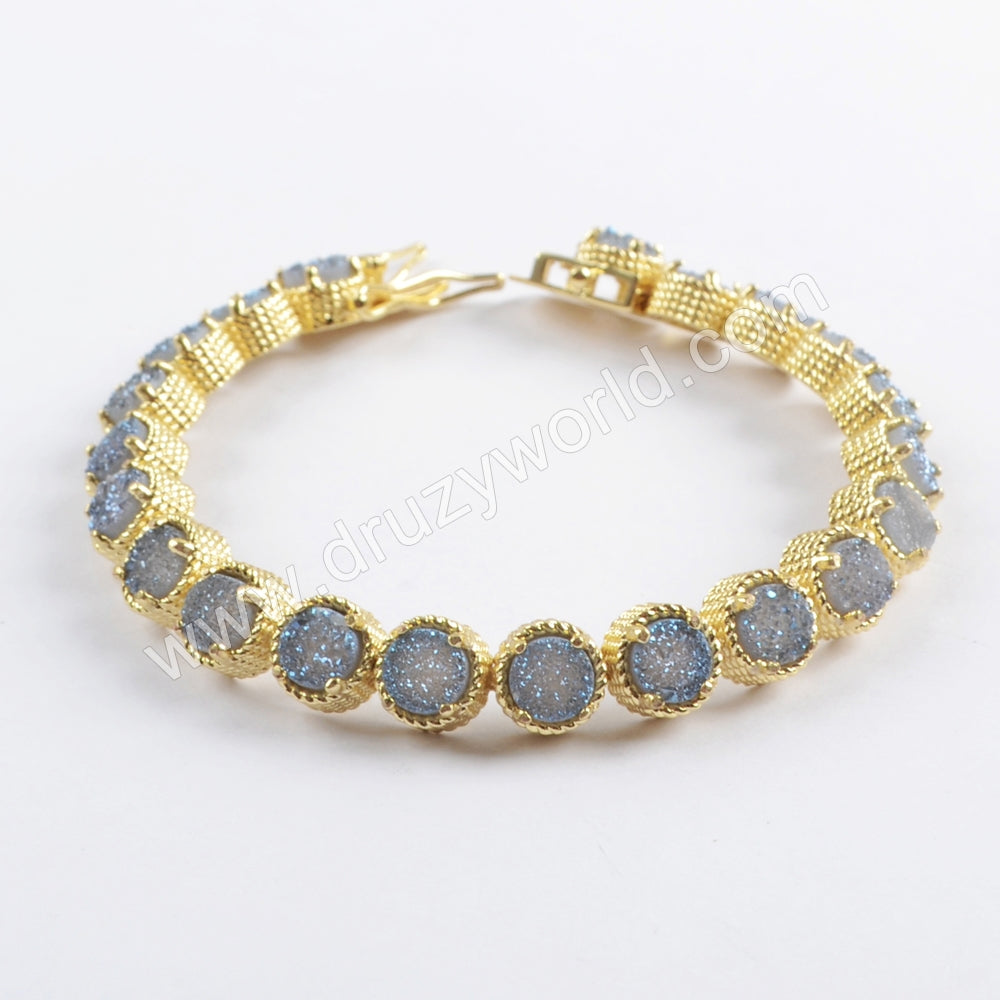 Gold Plated Multi Titanium AB White Druzy Bracelet, Natural Drusy Crystal Tennis Bracelet ZG0353