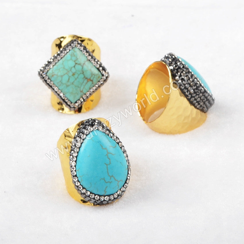 Different Shape Gold Plated Blue Howlite Turquoise Gemstone Band Ring JAB471