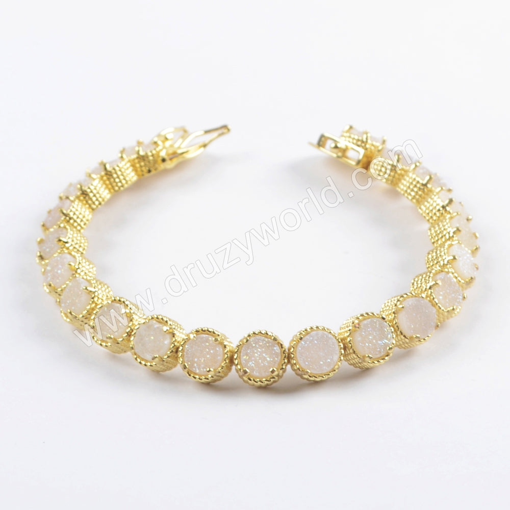 Gold Plated Multi Titanium AB White Druzy Bracelet, Natural Drusy Crystal Tennis Bracelet ZG0353