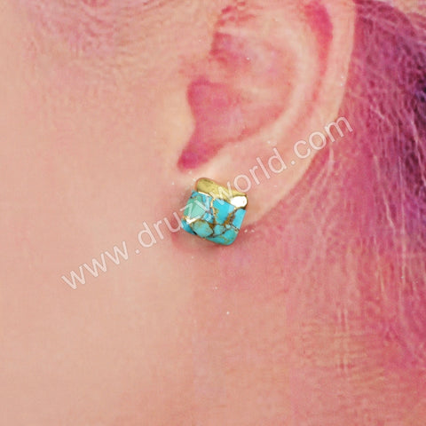 Square Natural Copper Turquoise Stud Earrings Gold Plated G1723