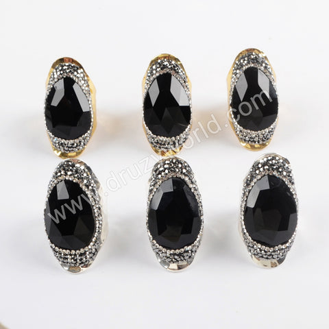 Gold/Silver Rhinestone Pave Drop Black Onyx Agate Faceted Band Ring JAB954