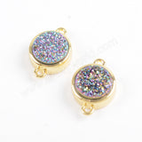 9mm Round Natural Agate Titanium Rainbow Druzy Connector Gold Plated ZG0359