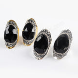 Gold/Silver Rhinestone Pave Drop Black Onyx Agate Faceted Band Ring JAB954