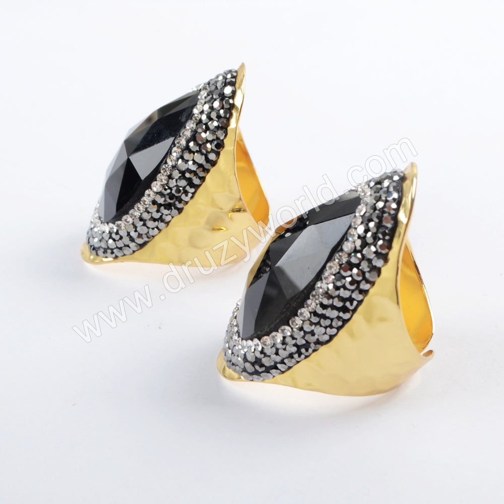 Gold/Silver Rhinestone Pave Drop Black Onyx Agate Faceted Band Ring JAB954