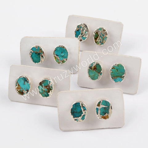 Boho Chic Style Copper Turquoise Stud Earrings Silver Plated S1546