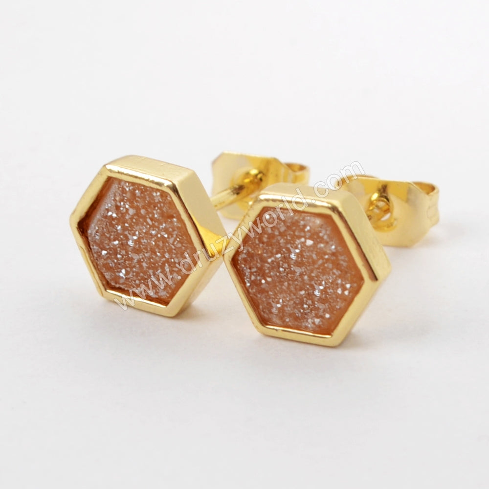 Hexagon Gold Plated Bezel Rainbow Titanium Druzy Studs Earrings ZG0275