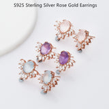 Rose Gold Natural Aquamarine Moonstone Stud Earrings Zircon Studs, S925 Sterling Silver Earring, Healing Crystal Jewelry SS222ER